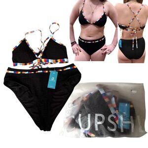 NEW Cupshe SWIMSUIT Women's MED Black Waffle Knit Bikini Bralette & Bottoms Set